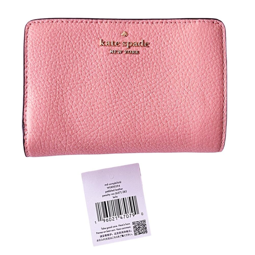 Kate Spade Leila Medium Compact Bifold Wallet Pebbled Leather Peachy Rose - Picture 12 of 12